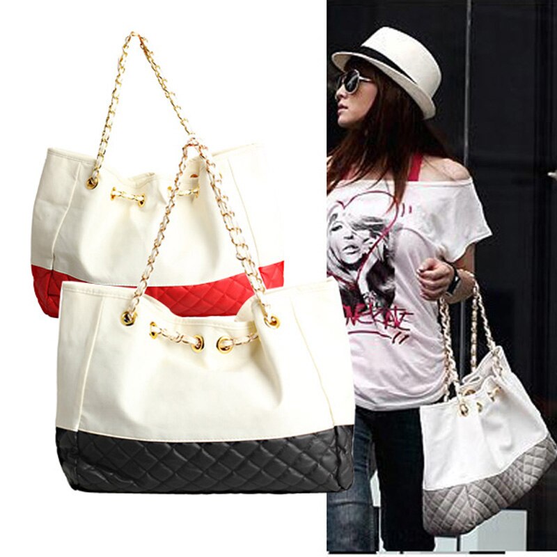 Fashion Ling Plaid Double Woven Chain Women Shoulder Bag Hand Bag durable PU leather - ebowsos