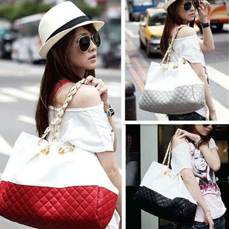 Fashion Ling Plaid Double Woven Chain Women Shoulder Bag Hand Bag durable PU leather - ebowsos