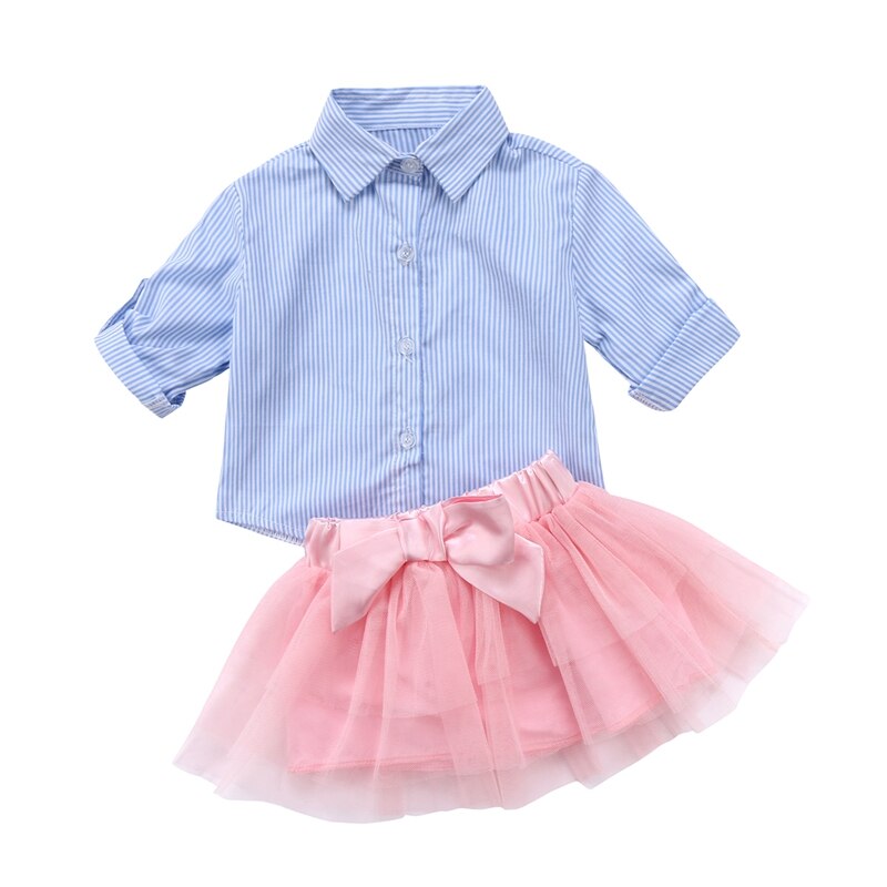 Fashion Long Sleeve Pirncess Girls Dress Stripe T-shirt Long Sleeve Top Lace Tutu  Baby Girls Clothes Sets - ebowsos