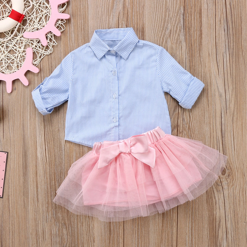 Fashion Long Sleeve Pirncess Girls Dress Stripe T-shirt Long Sleeve Top Lace Tutu  Baby Girls Clothes Sets - ebowsos