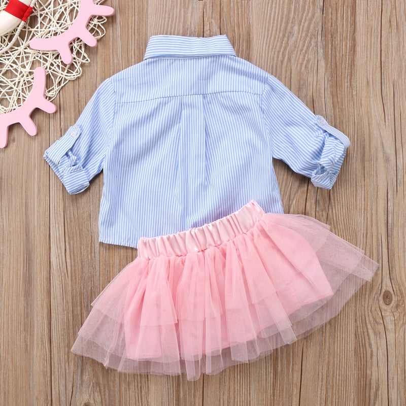 Fashion Long Sleeve Pirncess Girls Dress Stripe T-shirt Long Sleeve Top Lace Tutu  Baby Girls Clothes Sets - ebowsos