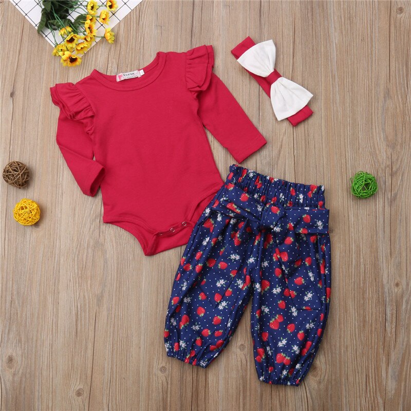 Fashion Newborn Baby Girls Cotton Floral Tops Long Sleeve Romper+Long Pants+Bow Headband Outfits 3Pcs Clothes - ebowsos