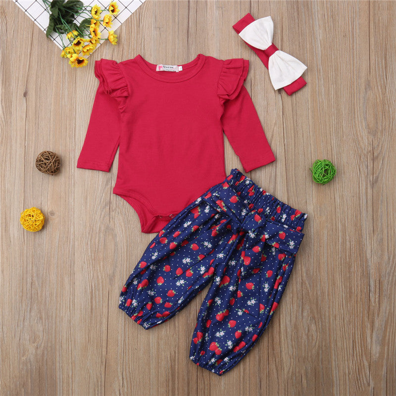 Fashion Newborn Baby Girls Cotton Floral Tops Long Sleeve Romper+Long Pants+Bow Headband Outfits 3Pcs Clothes - ebowsos