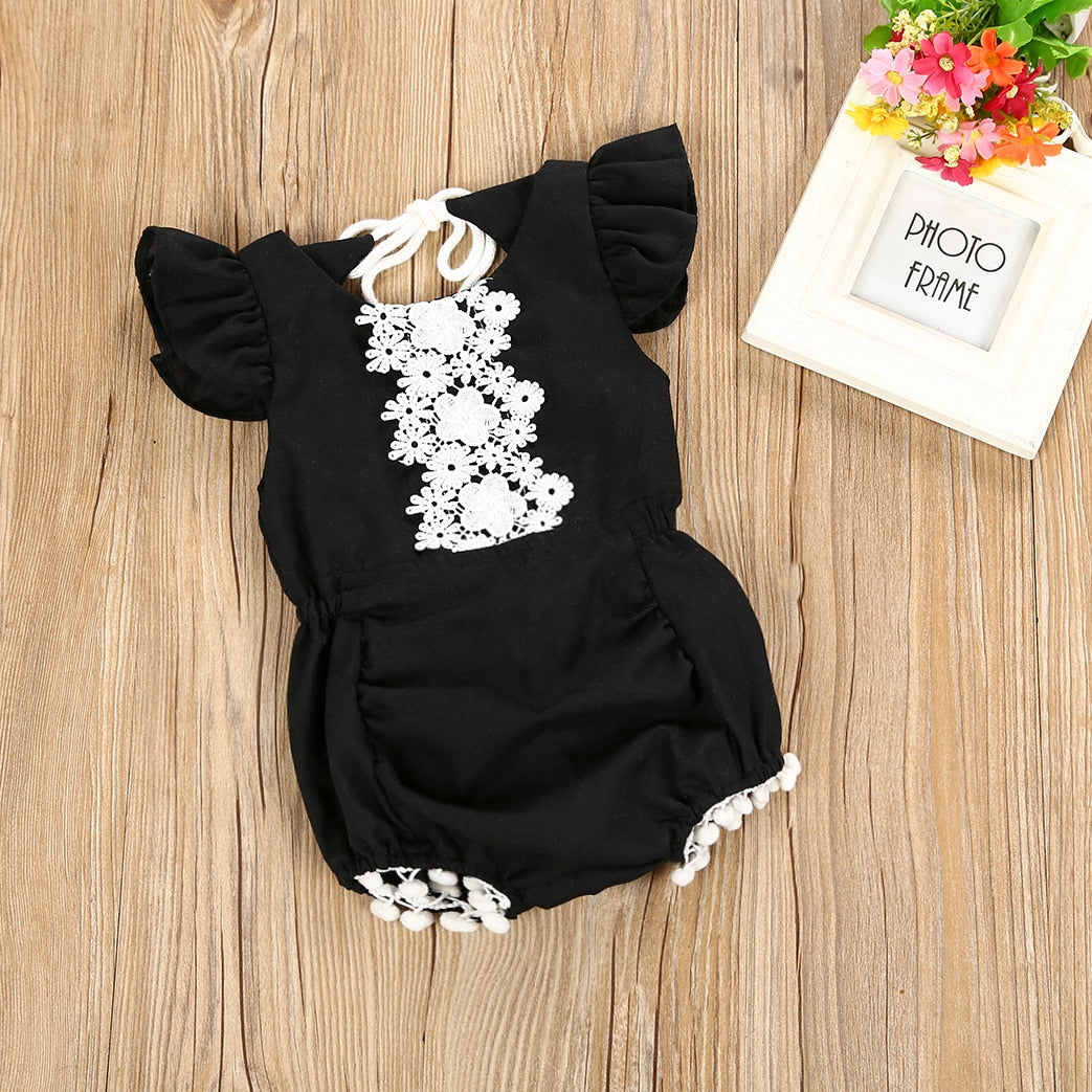 Fashion Newborn Baby Girls Lace Ruffled Sleeveless Tassel Romper Jumpsuit Outfits Clothes Set - ebowsos