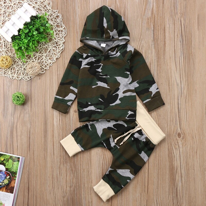 Fashion Newborn Infant Kids Baby Boy Clothing Sets Camouflage Hooded T-shirt Tops Clothes+Pants Outfits 2Pcs - ebowsos