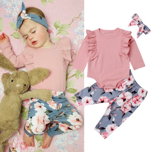 Fashion Newborn Kids Baby Girls Ruffles Tops Floral Long Pants Headband 3pcs Cotton Outfits Clothes Set - ebowsos