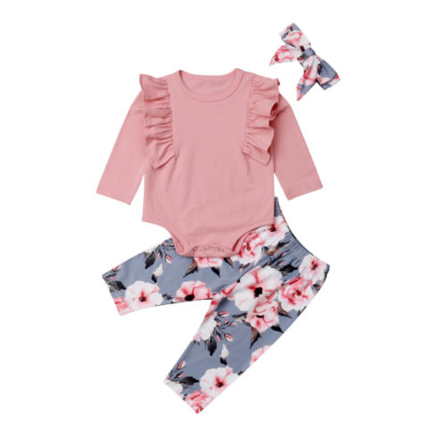 Fashion Newborn Kids Baby Girls Ruffles Tops Floral Long Pants Headband 3pcs Cotton Outfits Clothes Set - ebowsos