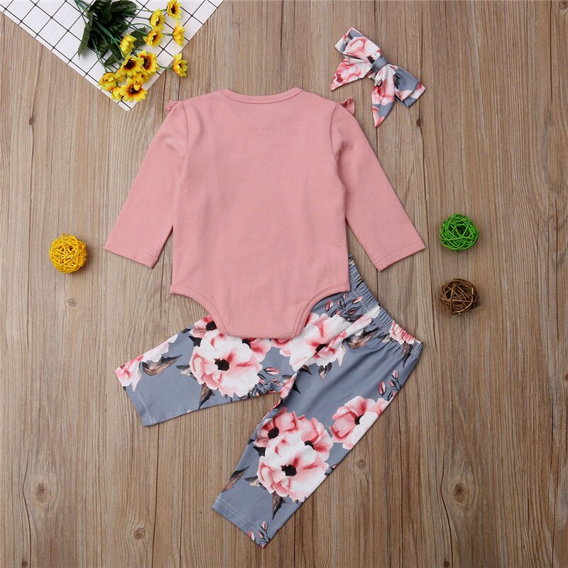 Fashion Newborn Kids Baby Girls Ruffles Tops Floral Long Pants Headband 3pcs Cotton Outfits Clothes Set - ebowsos