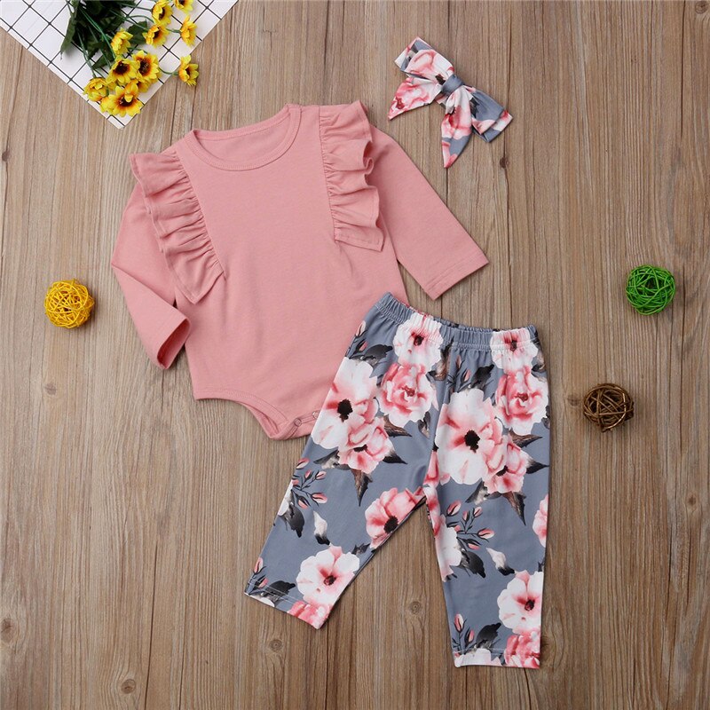 Fashion Newborn Kids Baby Girls Ruffles Tops Floral Long Pants Headband 3pcs Cotton Outfits Clothes Set - ebowsos