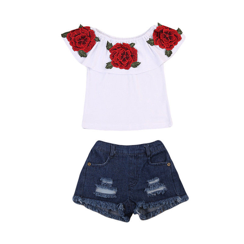 Fashion Pretty Toddler Kids Baby Girls 3D Flower Tops Denim Hot Pants Outfits Clothes - ebowsos