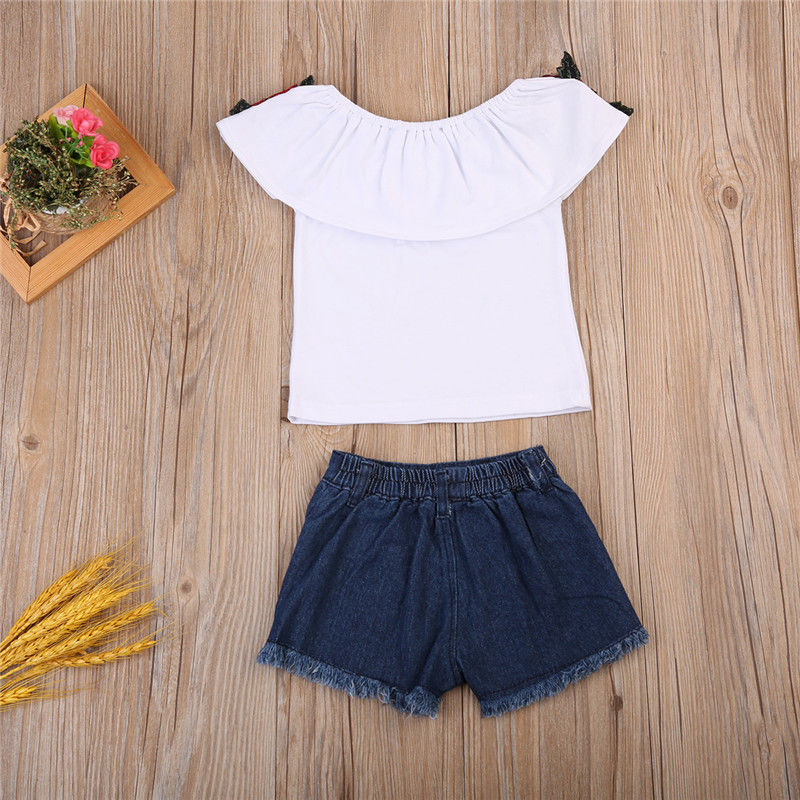 Fashion Pretty Toddler Kids Baby Girls 3D Flower Tops Denim Hot Pants Outfits Clothes - ebowsos