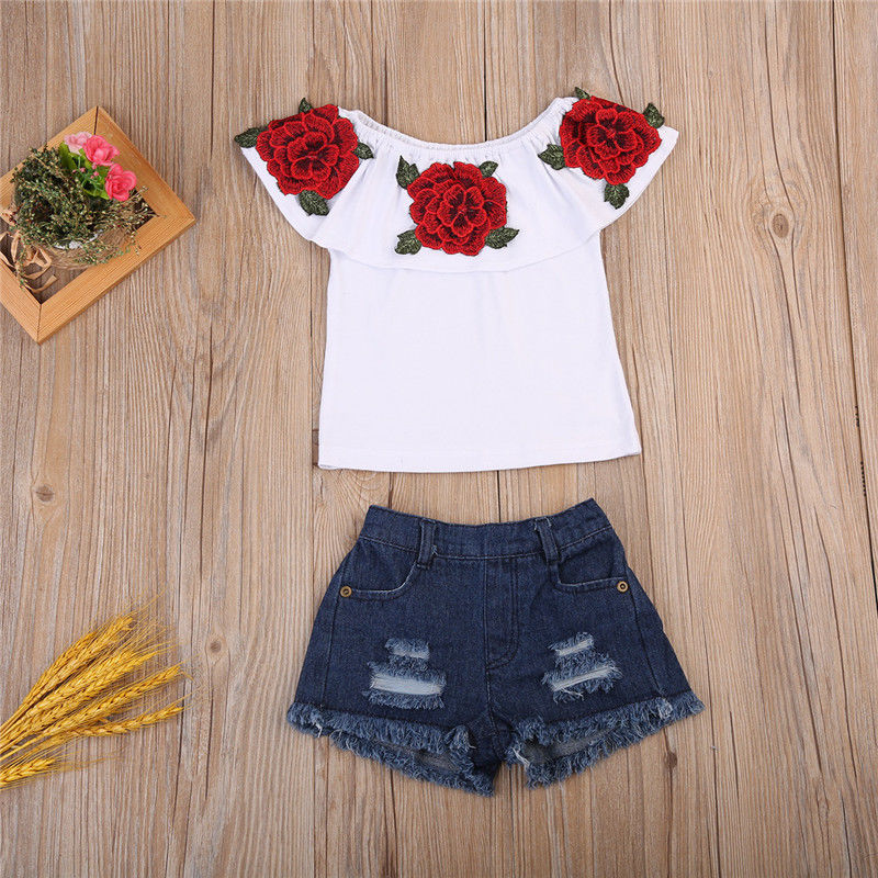 Fashion Pretty Toddler Kids Baby Girls 3D Flower Tops Denim Hot Pants Outfits Clothes - ebowsos