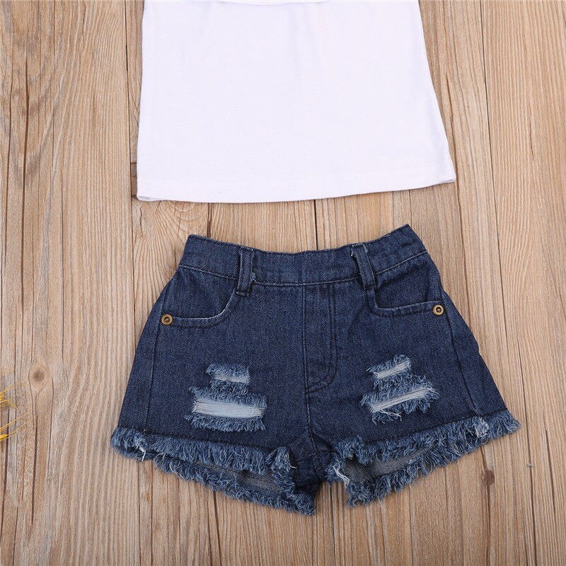 Fashion Pretty Toddler Kids Baby Girls 3D Flower Tops Denim Hot Pants Outfits Clothes - ebowsos