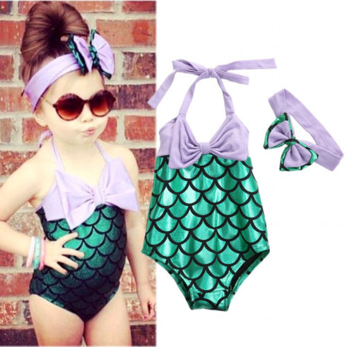 Fashion Sweet Lovely Mermaid Toddler Kids Girls Swimwear Bikini Set Sleeveless Belt Print Clothes Headband Swimsuit - ebowsos