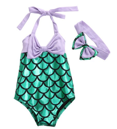 Fashion Sweet Lovely Mermaid Toddler Kids Girls Swimwear Bikini Set Sleeveless Belt Print Clothes Headband Swimsuit - ebowsos