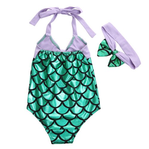 Fashion Sweet Lovely Mermaid Toddler Kids Girls Swimwear Bikini Set Sleeveless Belt Print Clothes Headband Swimsuit - ebowsos