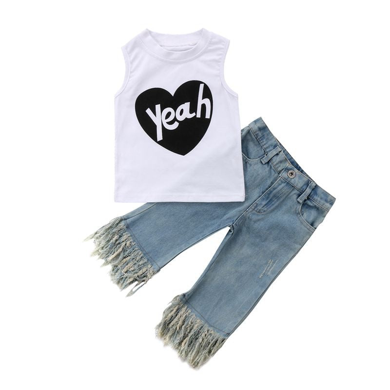 Fashion Toddler Baby Kids Girl Vest Top 2PCS T Shirt+ Jeans Denim Pants Outfits Set Casual Pop Clothes 1-5Y - ebowsos