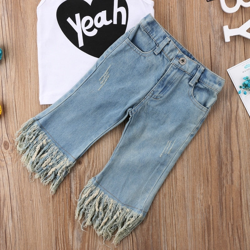 Fashion Toddler Baby Kids Girl Vest Top 2PCS T Shirt+ Jeans Denim Pants Outfits Set Casual Pop Clothes 1-5Y - ebowsos