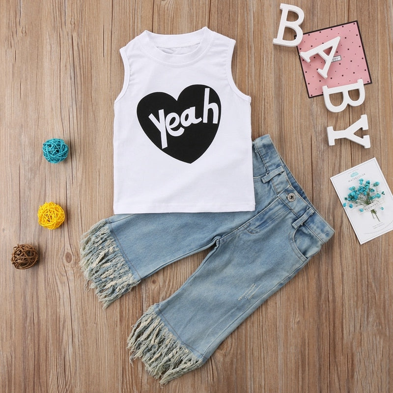 Fashion Toddler Baby Kids Girl Vest Top 2PCS T Shirt+ Jeans Denim Pants Outfits Set Casual Pop Clothes 1-5Y - ebowsos