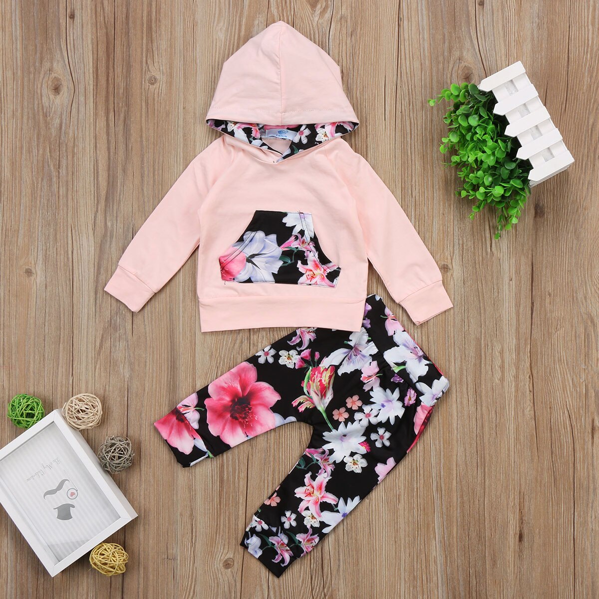 Fashion Toddler Baby Sweatshirt  Floral Hooded Long Sleeve Top Pants Outfits Set - ebowsos