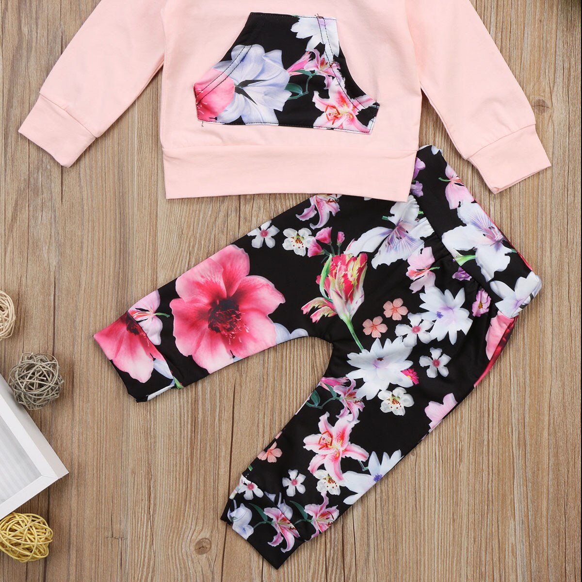 Fashion Toddler Baby Sweatshirt  Floral Hooded Long Sleeve Top Pants Outfits Set - ebowsos