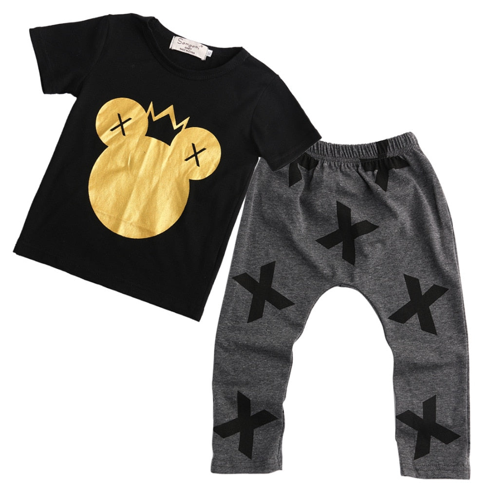 Fashion Toddler Infant Baby Kids Boy Clothes Short Sleeve Cotton T-shirt Tops+Pants Outfits Set - ebowsos