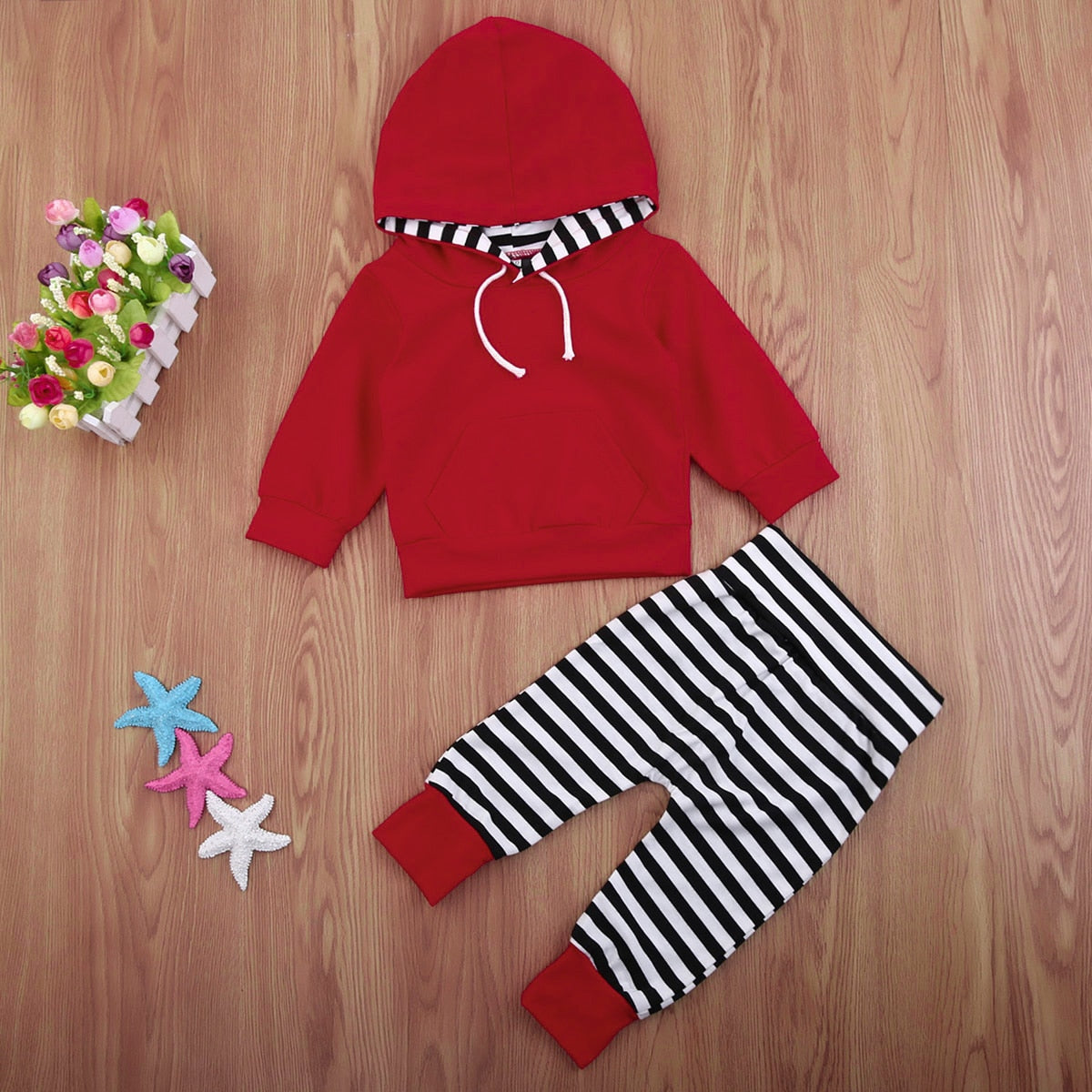 Fashion Toddler Infant Baby Sweater Hooded T-Shirt Tops Winter Cotton Long Sleeve +Striped  Long Pants Outfits Clothes Set - ebowsos