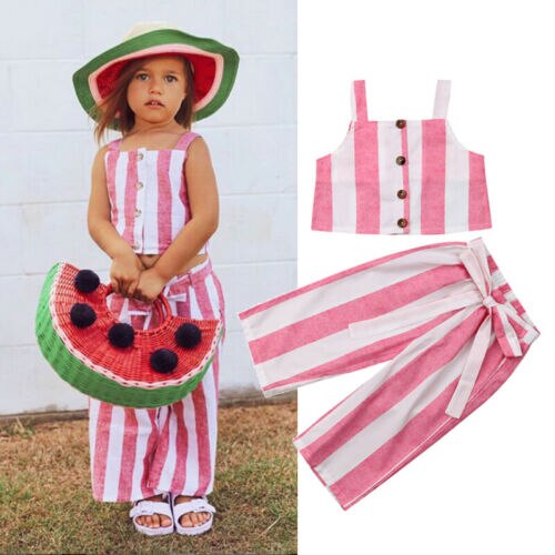 Fashion Toddler Kids Baby Girl Striped Clothes Strap Tank Tops Wide Leg Pant Trouser 2PCS Outfits Girls Clothing Set - ebowsos