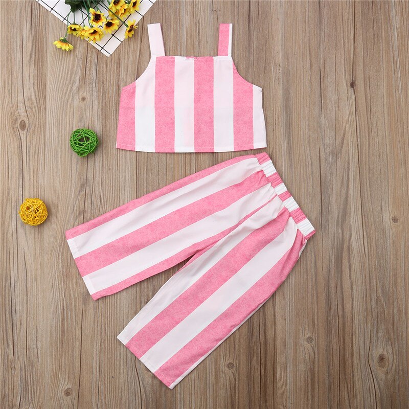 Fashion Toddler Kids Baby Girl Striped Clothes Strap Tank Tops Wide Leg Pant Trouser 2PCS Outfits Girls Clothing Set - ebowsos