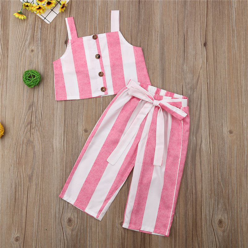 Fashion Toddler Kids Baby Girl Striped Clothes Strap Tank Tops Wide Leg Pant Trouser 2PCS Outfits Girls Clothing Set - ebowsos