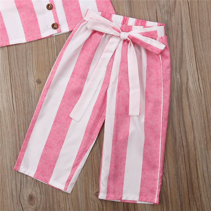 Fashion Toddler Kids Baby Girl Striped Clothes Strap Tank Tops Wide Leg Pant Trouser 2PCS Outfits Girls Clothing Set - ebowsos