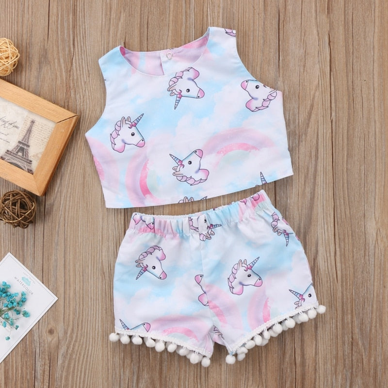 Fashion Unicorn Baby Girls Kids Clothes Sets  Summer Sleeveless Cotton T-Shirt Tops Short Pants Outfits Set Clothes - ebowsos