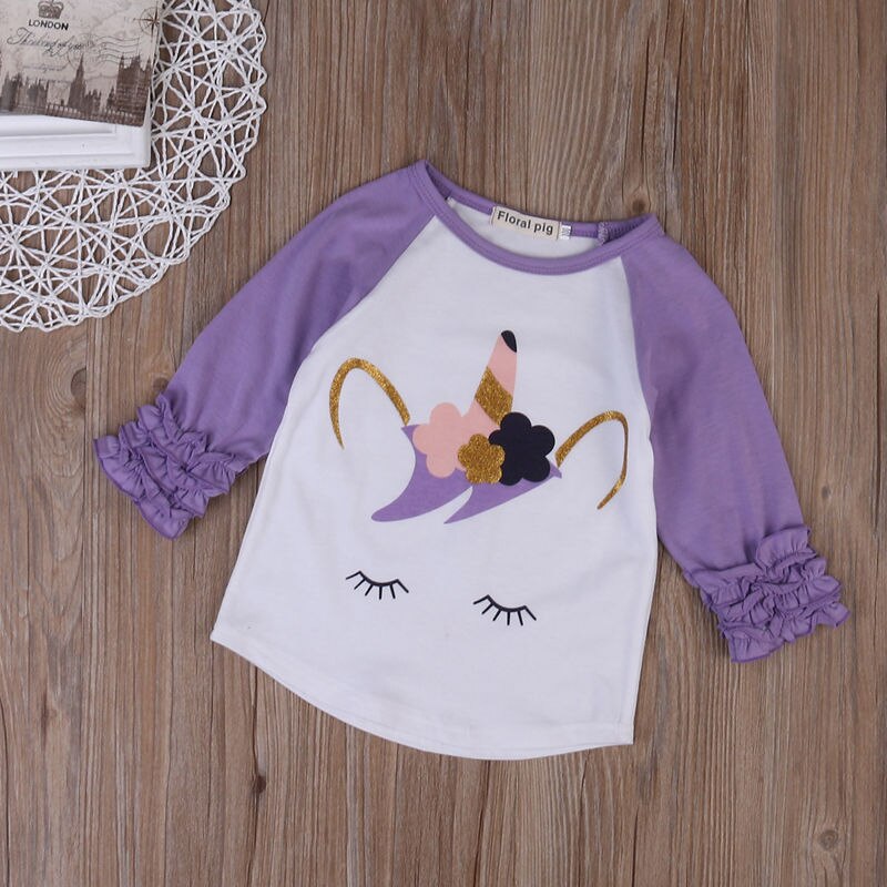 Fashion Unicorn T Shirt 1-6Y Kid Newborn Baby Girl Ruffled T Shirt Long Sleeve Cotton Top Outfit Clothes - ebowsos