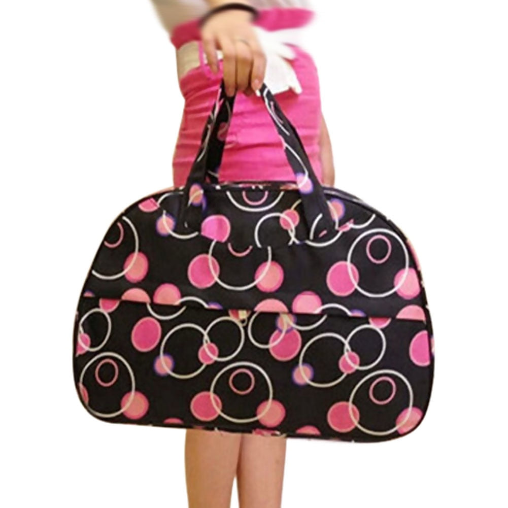 Fashion Waterproof Oxford Women bag Rose Red Circles Pattern with Black Bottom Travel Bag Large Hand Canvas Luggage Bags - ebowsos