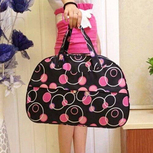 Fashion Waterproof Oxford Women bag Rose Red Circles Pattern with Black Bottom Travel Bag Large Hand Canvas Luggage Bags - ebowsos