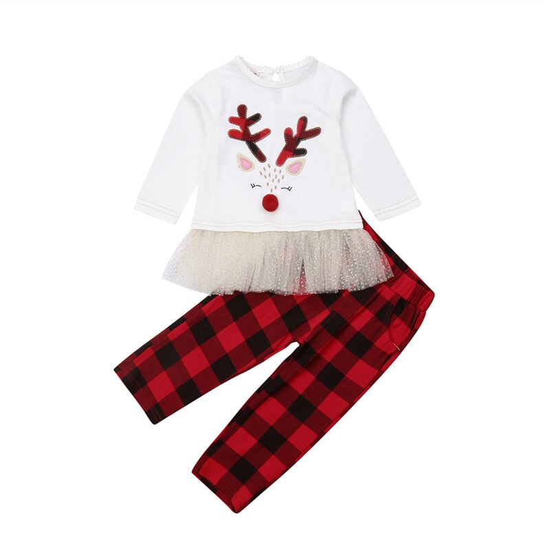 Fashion Xmas Cute Set Kids Baby Girl Deer Dress White Tops Plaid Red Pants Christmas Outfits Set Clothes - ebowsos