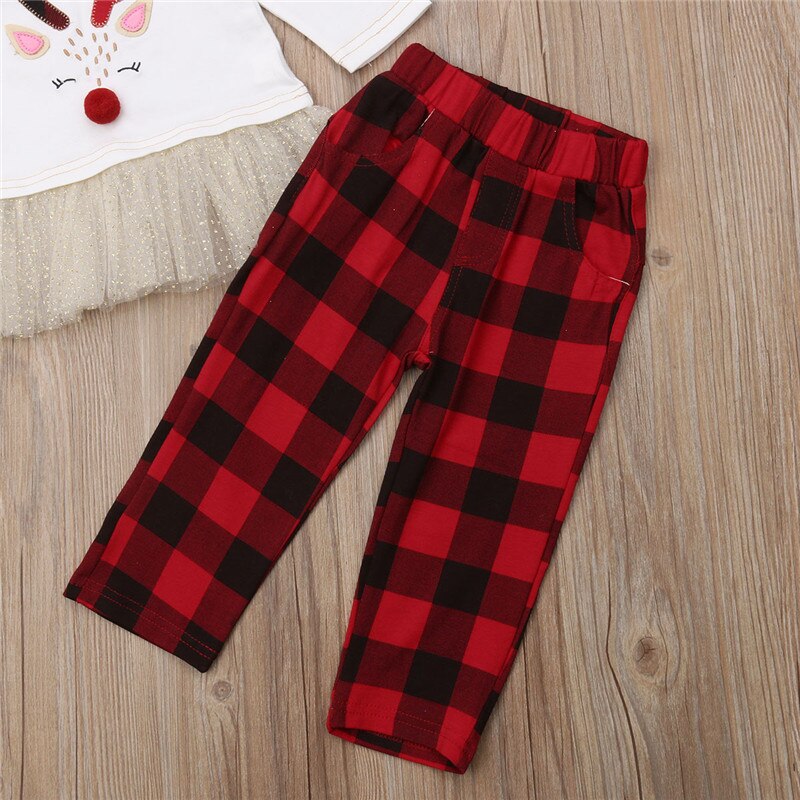 Fashion Xmas Cute Set Kids Baby Girl Deer Dress White Tops Plaid Red Pants Christmas Outfits Set Clothes - ebowsos