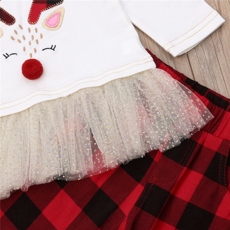 Fashion Xmas Cute Set Kids Baby Girl Deer Dress White Tops Plaid Red Pants Christmas Outfits Set Clothes - ebowsos