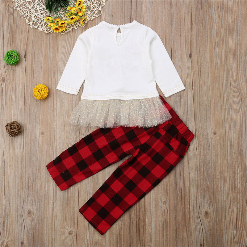 Fashion Xmas Cute Set Kids Baby Girl Deer Dress White Tops Plaid Red Pants Christmas Outfits Set Clothes - ebowsos