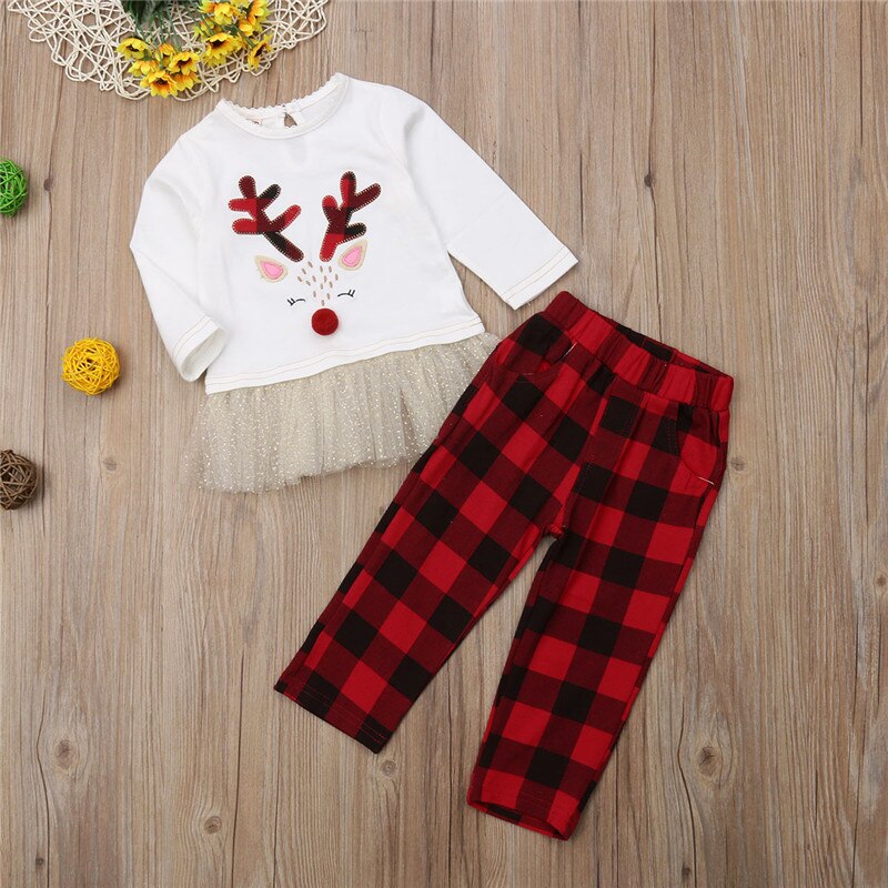 Fashion Xmas Cute Set Kids Baby Girl Deer Dress White Tops Plaid Red Pants Christmas Outfits Set Clothes - ebowsos