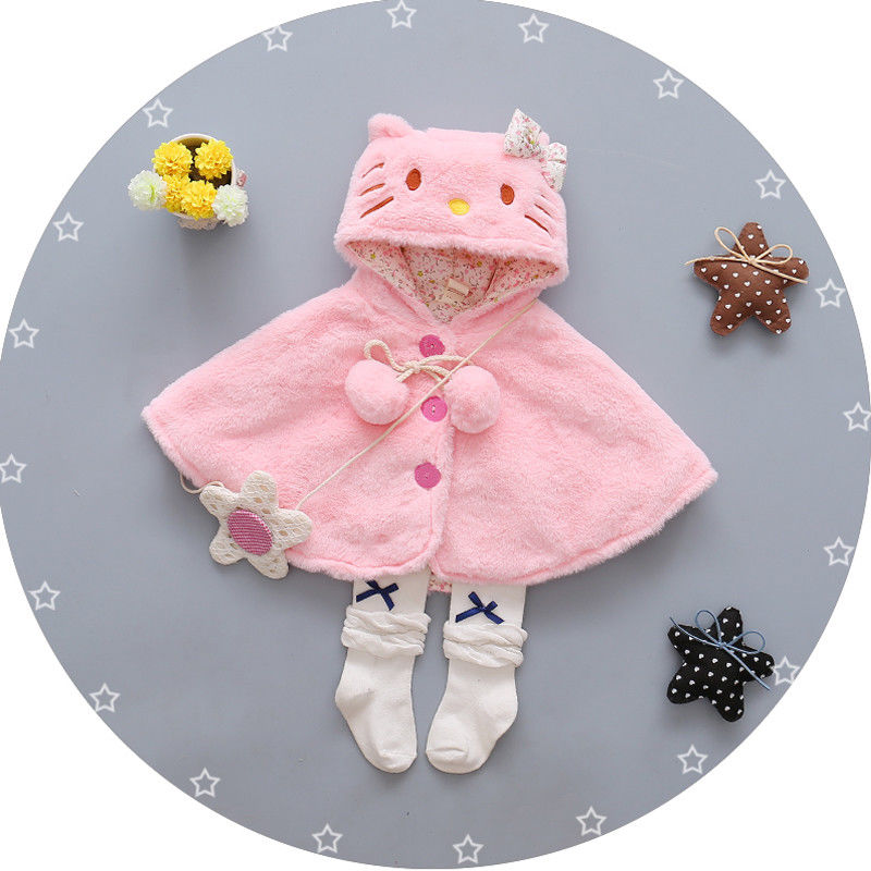 Fleece Baby clothes Cute Kids Baby Girls Thick Coat Hooded Cloak Ponco Jacket Outwear cartoon Kitty - ebowsos