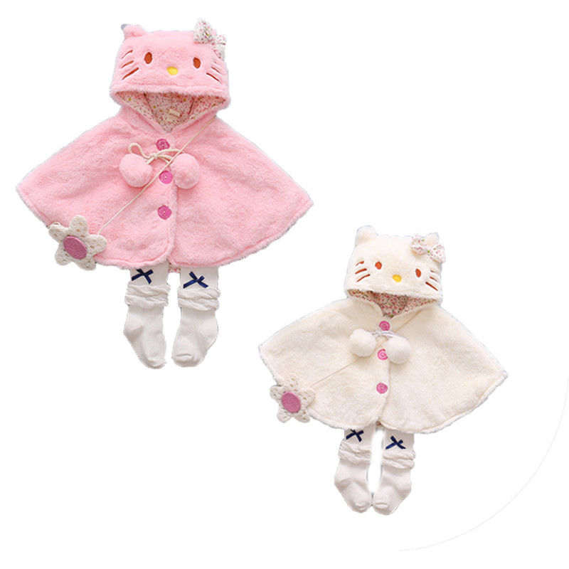 Fleece Baby clothes Cute Kids Baby Girls Thick Coat Hooded Cloak Ponco Jacket Outwear cartoon Kitty - ebowsos