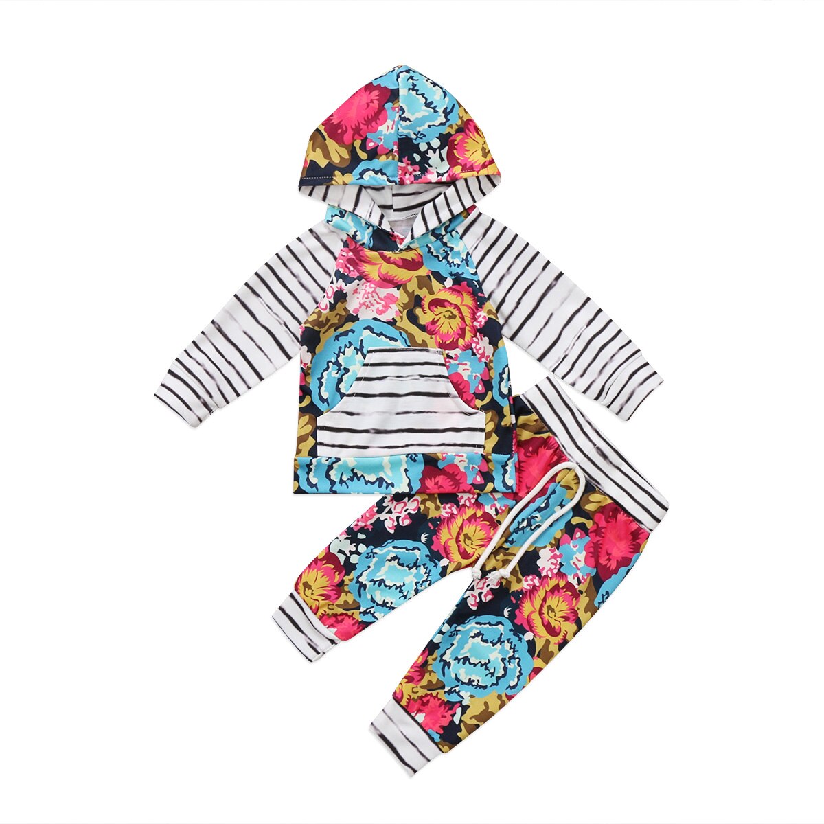 Floral Cotton Newborn Toddler Baby Girl Kids Stripes Hooded Sweater Long Sleeve Soft Top+Pants Outfits Set Clothes - ebowsos