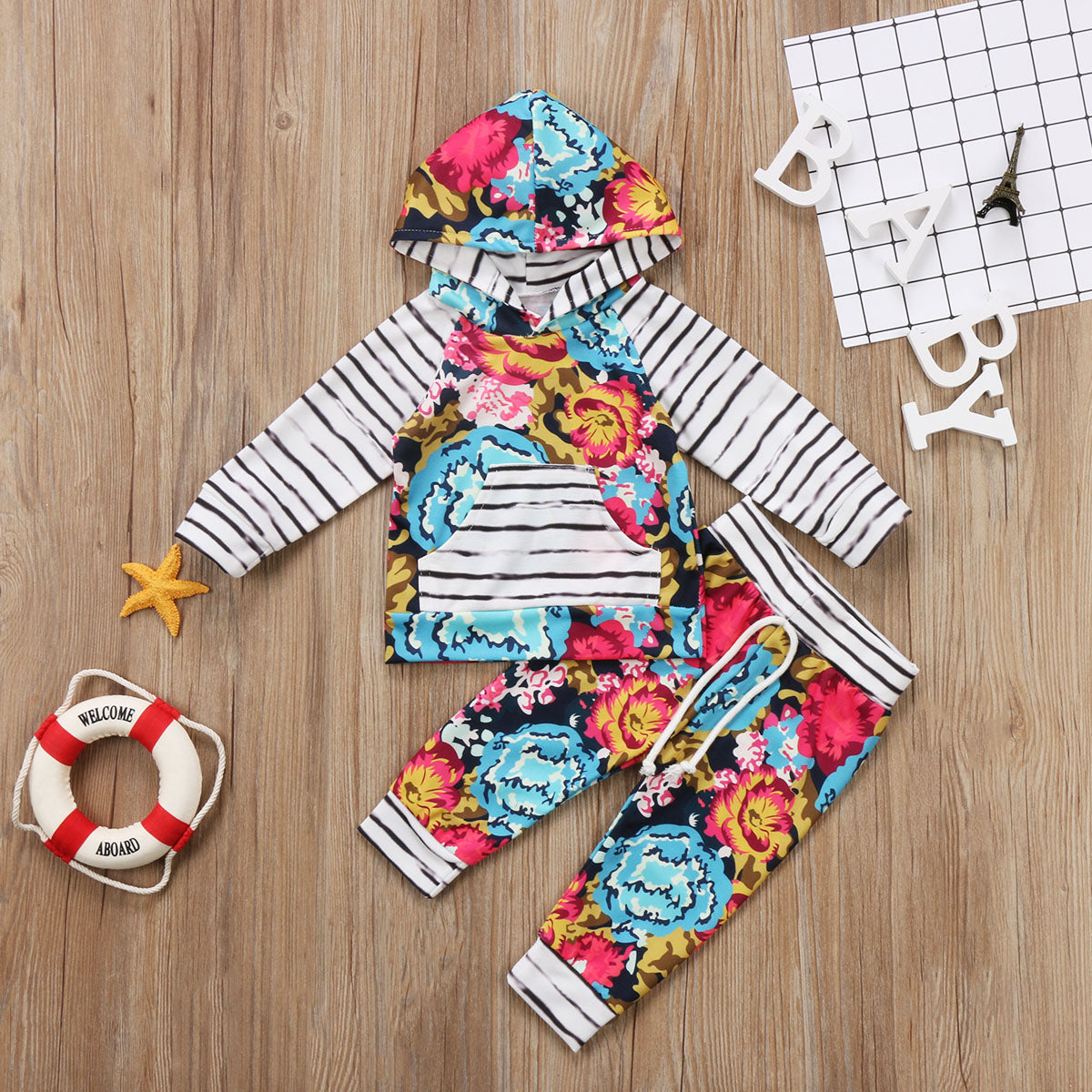 Floral Cotton Newborn Toddler Baby Girl Kids Stripes Hooded Sweater Long Sleeve Soft Top+Pants Outfits Set Clothes - ebowsos