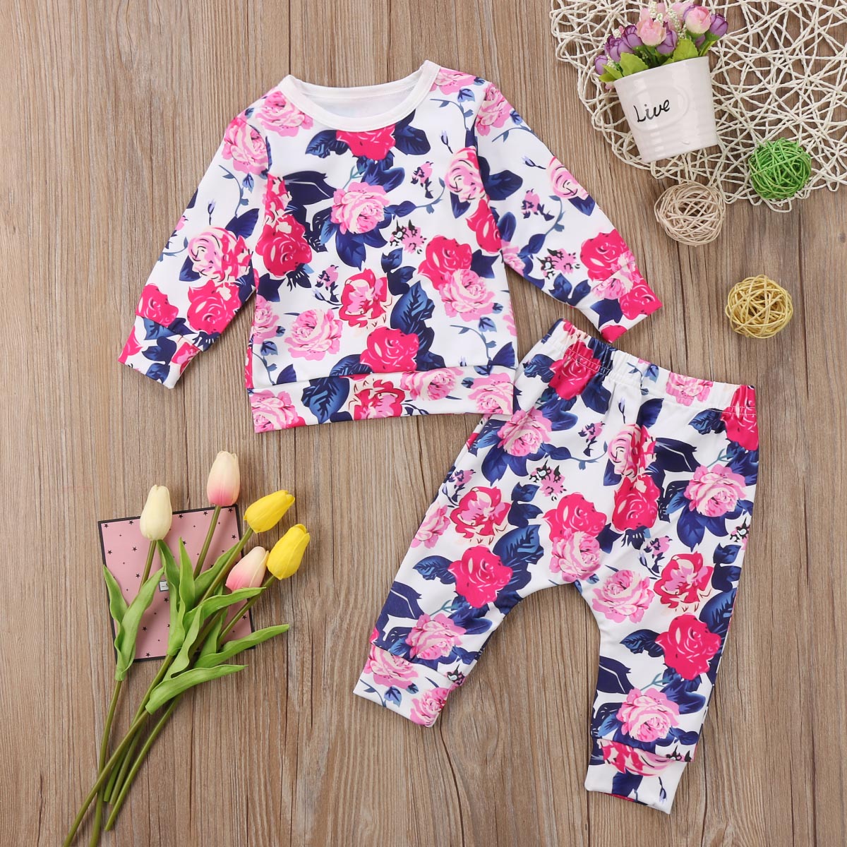 Floral Cute Infant Baby Girl Flower Outfits Set Clothes Top Long Sleeve T Shirt Leggings Pants Tracksuit - ebowsos