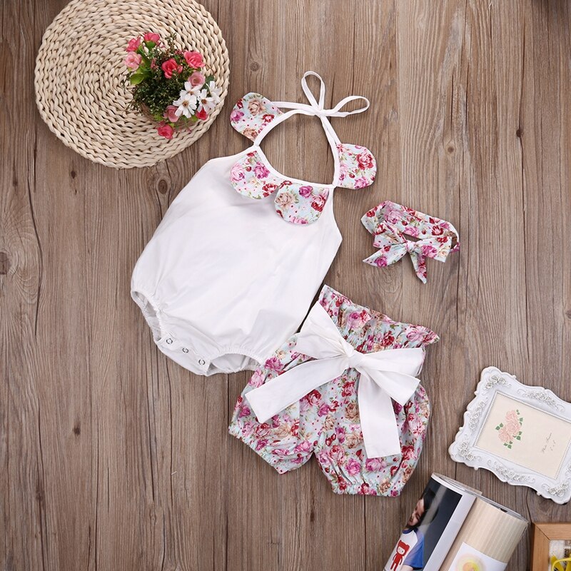 Floral Girls Baby Girl Clothes Sets Lovely Baby Girl Floral Print Romper Jumpsuit+Bow Shorts Outfits Set - ebowsos