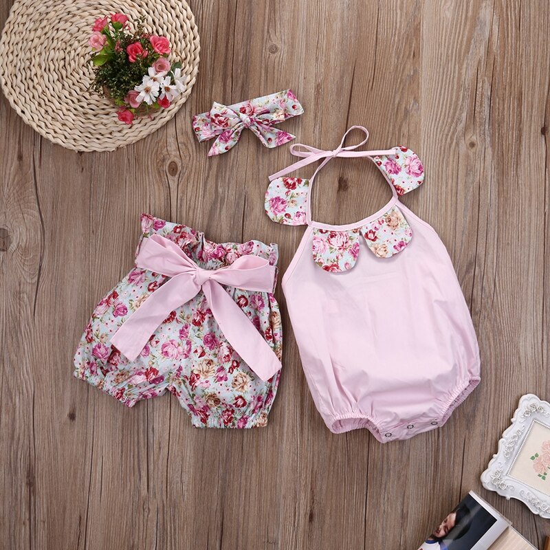 Floral Girls Baby Girl Clothes Sets Lovely Baby Girl Floral Print Romper Jumpsuit+Bow Shorts Outfits Set - ebowsos