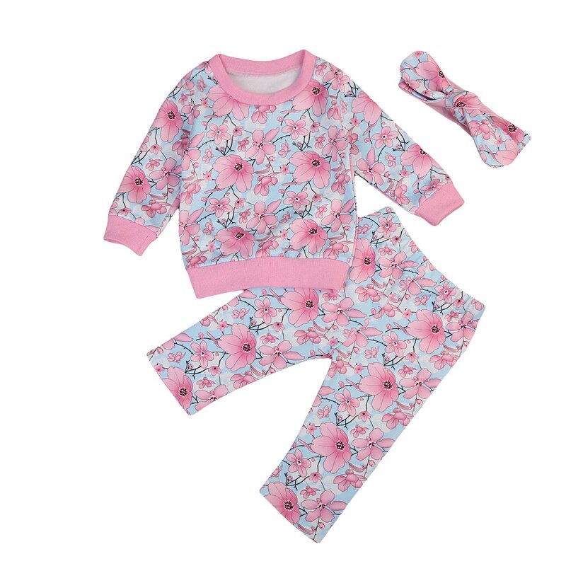 Floral Girls Clothing Set New Kids Baby Girls Floral Long Sleeve Tops Sweatshirt Pants Clothes Cotton Outfits - ebowsos