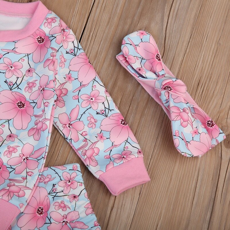 Floral Girls Clothing Set New Kids Baby Girls Floral Long Sleeve Tops Sweatshirt Pants Clothes Cotton Outfits - ebowsos