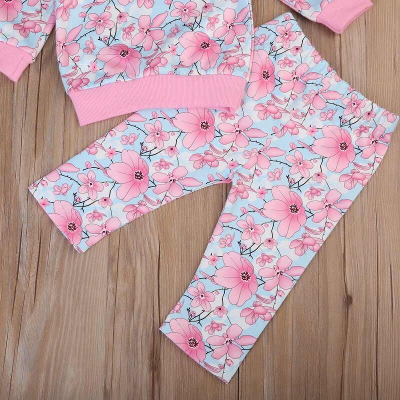 Floral Girls Clothing Set New Kids Baby Girls Floral Long Sleeve Tops Sweatshirt Pants Clothes Cotton Outfits - ebowsos